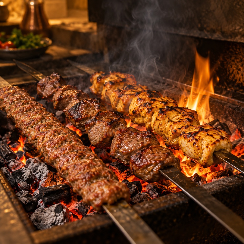 Kömür ateşinde pişen Adana kebap, kuzu ve tavuk şişler; temsili ocakbaşı görseli