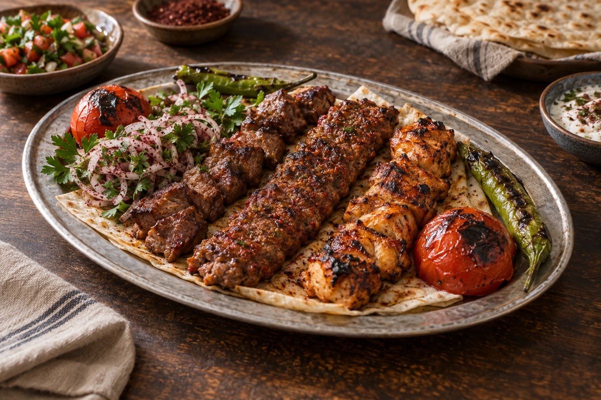 Lavaş üzerinde Adana kebap, kuzu ve tavuk şişten oluşan temsili ızgara tabağı